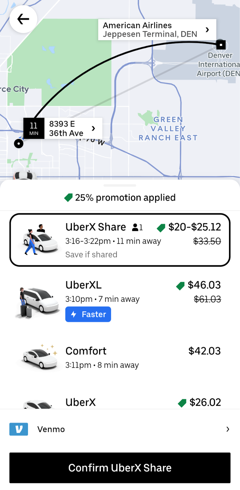 Uber app price screenshot in Denver